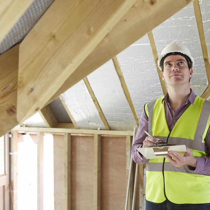 inspector with hard hat estimating energy audit in attic Inspecting for an energy audit and efficiency
